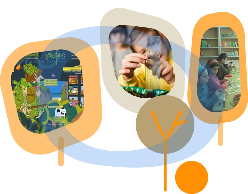 Ilustración de bosque con fotos de actividades